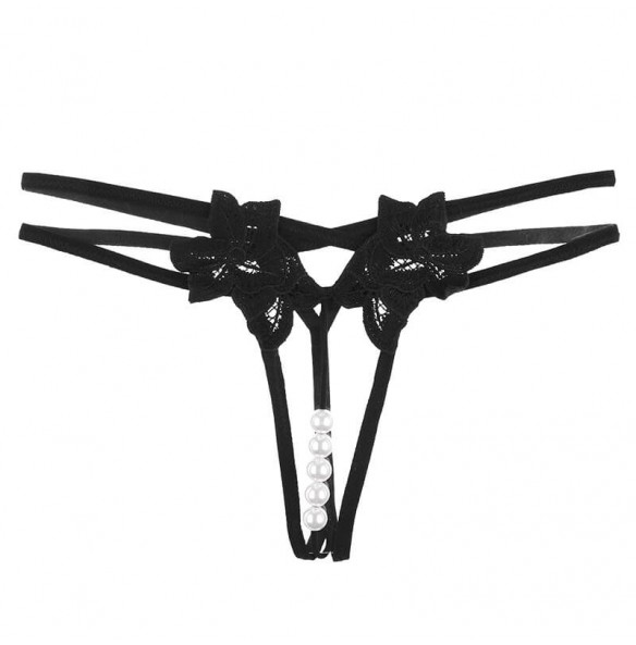 FEE ET MOI - Beaded Floral Open-Crotch Panties Bikini (Black) FEE ET MOI - Beaded Floral Open-Crotch Panties Bikini (Black)